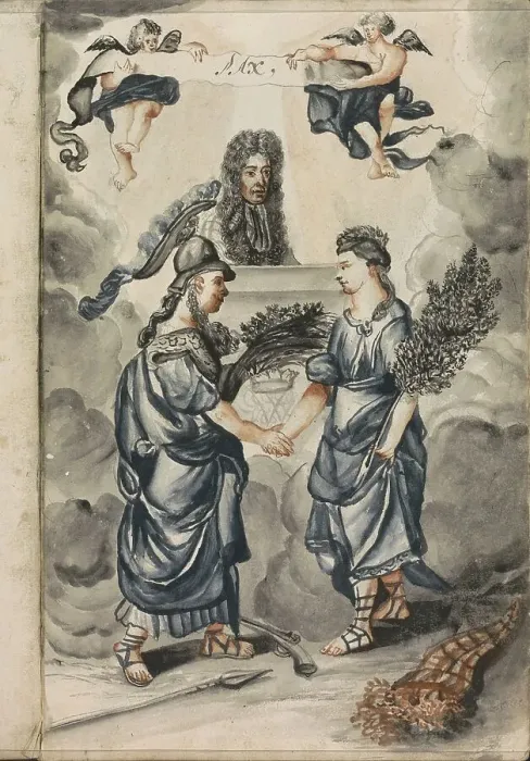 Framed Print : William III oversees the covenant between Wisdom and Peace, 1696. Creator: Hendrick van Beaumont Framed Print : William III oversees the covenant between Wisdom and Peace, 1696. Creator: Hendrick van Beaumont