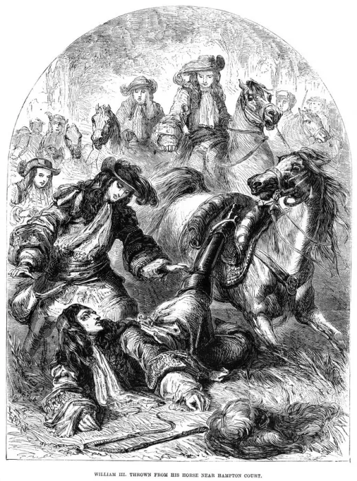 Framed Print : William III thrown from his horse near Hampton Court. Artist: C Sheeres Framed Print : William III thrown from his horse near Hampton Court. Artist: C Sheeres