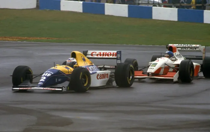 Framed Print : Williams Renault FW15C, Alain Prost leads Derek Warwick, European Grand Prix. Creator: Unknown