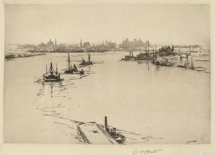 Framed Print : Williamsburg from the Bridge (Sketch), 1889. Creator: Charles A Platt Framed Print : Williamsburg from the Bridge (Sketch), 1889. Creator: Charles A Platt