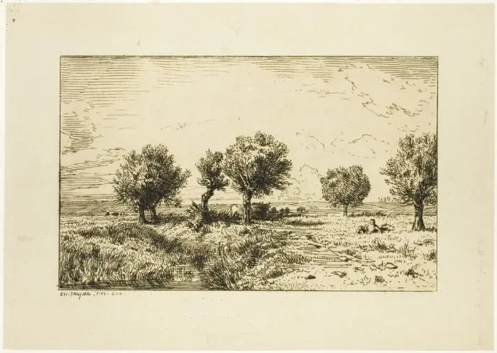 Framed Print : Willows in a Landscape, 1844. Creator: Charles Emile Jacque Framed Print : Willows in a Landscape, 1844. Creator: Charles Emile Jacque