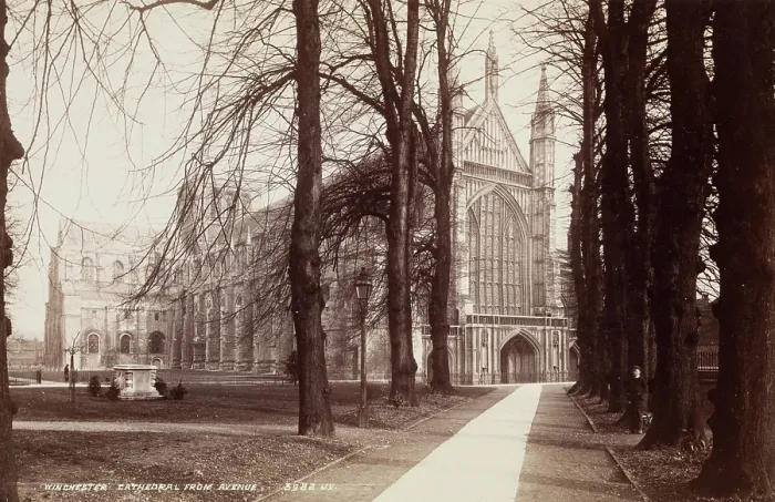 Framed Print : Winchester Cathedral from the Avenue, between 1870 and 1880. Creator: James Valentine Framed Print : Winchester Cathedral from the Avenue, between 1870 and 1880. Creator: James Valentine