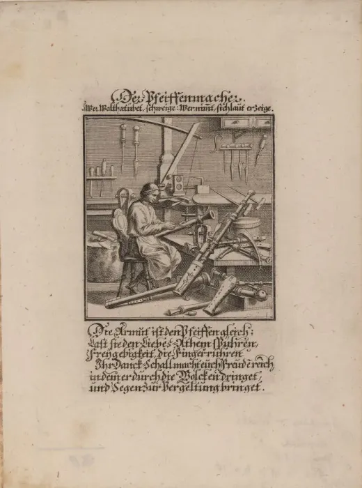 Framed Print : The Wind Instrument Maker. Artist: Weigel, Christoph, the Elder (1654-1725) Framed Print : The Wind Instrument Maker. Artist: Weigel, Christoph, the Elder (1654-1725)