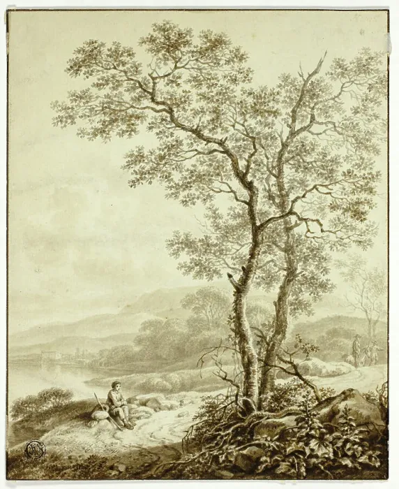 Framed Print : Winding Road Beside Lake, with Large Tree and Resting Traveler in Foreground, n.d. Creator: William Marshall Craig Framed Print : Winding Road Beside Lake, with Large Tree and Resting Traveler in Foreground, n.d. Creator: William Marshall Craig
