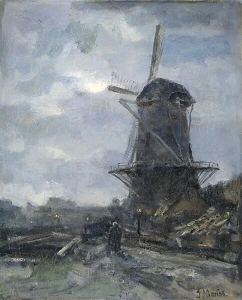Windmill by moonlight, c.1899. Creator: Jacob Henricus Maris