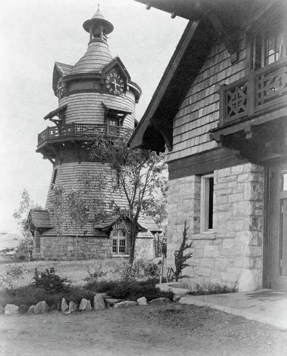Framed Print : Windmill-shaped clock tower at left, and part of garage of Edmund... Greenwich, Connecticut, 1908. Creator: Frances Benjamin Johnston Framed Print : Windmill-shaped clock tower at left, and part of garage of Edmund... Greenwich, Connecticut, 1908. Creator: Frances Benjamin Johnston