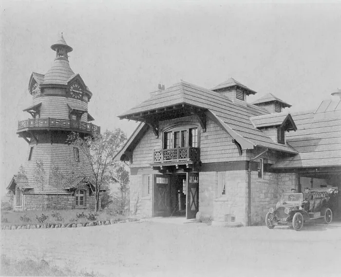 Framed Print : Windmill-shaped clock tower at left, and part of garage of Edmund... Greenwich, Connecticut, 1908. Creator: Frances Benjamin Johnston Framed Print : Windmill-shaped clock tower at left, and part of garage of Edmund... Greenwich, Connecticut, 1908. Creator: Frances Benjamin Johnston