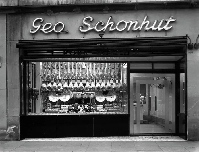 Framed Print : Window of George Schonhuts butchers shop, Barnsley, South Yorkshire, 1955. Artist Framed Print : Window of George Schonhuts butchers shop, Barnsley, South Yorkshire, 1955. Artist