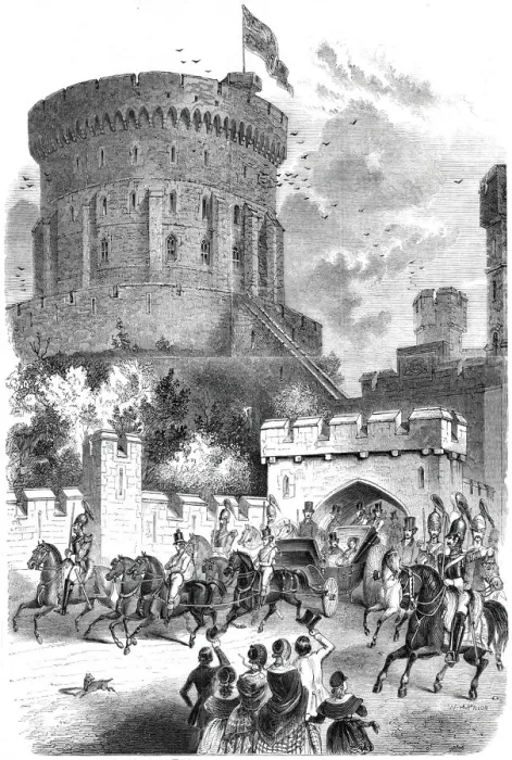 Framed Print : Windsor Castle in 1844 - Queen Victoria and Prince Albert leaving the Castle for London Framed Print : Windsor Castle in 1844 - Queen Victoria and Prince Albert leaving the Castle for London