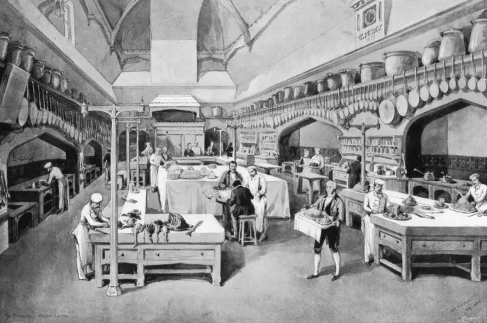 Framed Print : Windsor Castle kitchen at Christmas, 1894. Artist: William Simpson Framed Print : Windsor Castle kitchen at Christmas, 1894. Artist: William Simpson