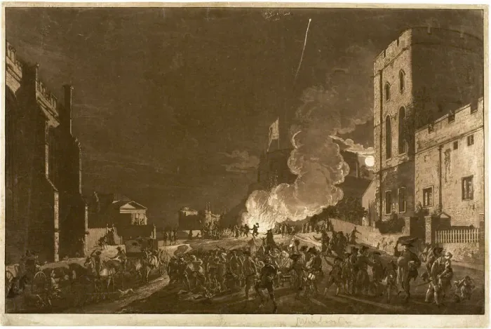 Framed Print : Windsor Castle from the Lower Court on the Fifth of November-Fireworks, 1776 Framed Print : Windsor Castle from the Lower Court on the Fifth of November-Fireworks, 1776
