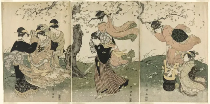 Framed Print : A Windy Day under the Cherry Trees, c. 1797. Creator: Utagawa Toyokuni I Framed Print : A Windy Day under the Cherry Trees, c. 1797. Creator: Utagawa Toyokuni I