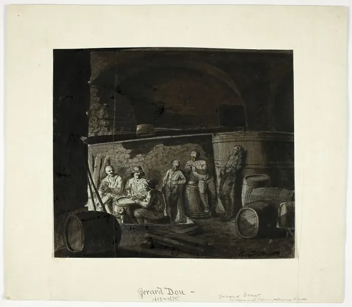 Framed Print : Wine Cellar with Men Playing Cards, 18th century. Creator: Gerrit Dou Framed Print : Wine Cellar with Men Playing Cards, 18th century. Creator: Gerrit Dou