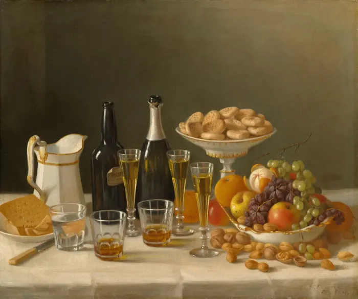 Framed Print : Wine, Cheese, and Fruit, 1857. Creator: John F. Francis Framed Print : Wine, Cheese, and Fruit, 1857. Creator: John F. Francis