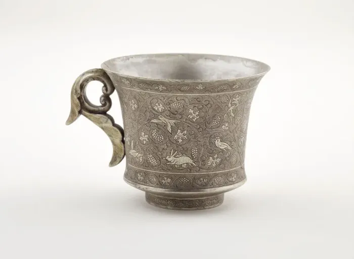 Framed Print : Wine cup with ring handle, birds, animals, and grape vines, Early Tang dynasty Framed Print : Wine cup with ring handle, birds, animals, and grape vines, Early Tang dynasty