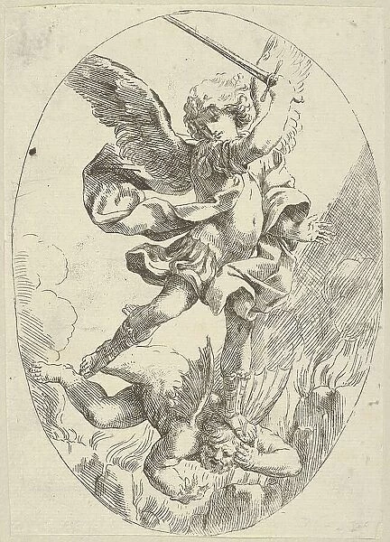 The winged archangel Saint Michael holding a sword and standing on the head of the devil, 1600-1640. Creator: Anon