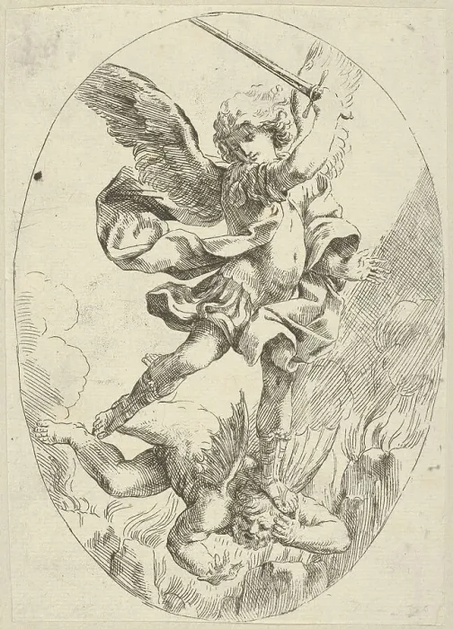Framed Print : The winged archangel Saint Michael holding a sword and standing on the head of the devil, 1600-1640. Creator: Anon Framed Print : The winged archangel Saint Michael holding a sword and standing on the head of the devil, 1600-1640. Creator: Anon