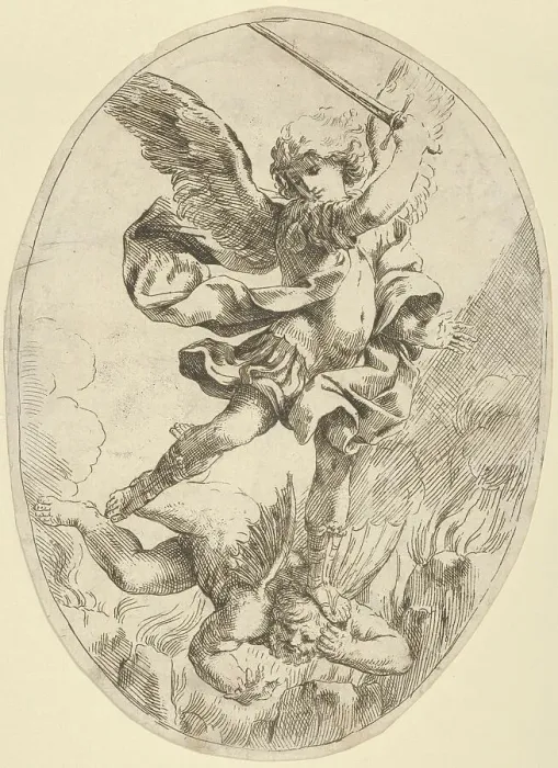 Framed Print : The winged archangel Saint Michael holding a sword and standing on the head of the devil, 1600-1640. Creator: Anon Framed Print : The winged archangel Saint Michael holding a sword and standing on the head of the devil, 1600-1640. Creator: Anon