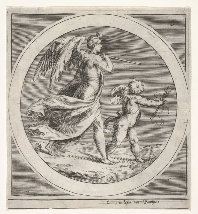 Framed Print : Winged female figure, draped and carrying a staff, striding behind a winged putto... ca Framed Print : Winged female figure, draped and carrying a staff, striding behind a winged putto... ca