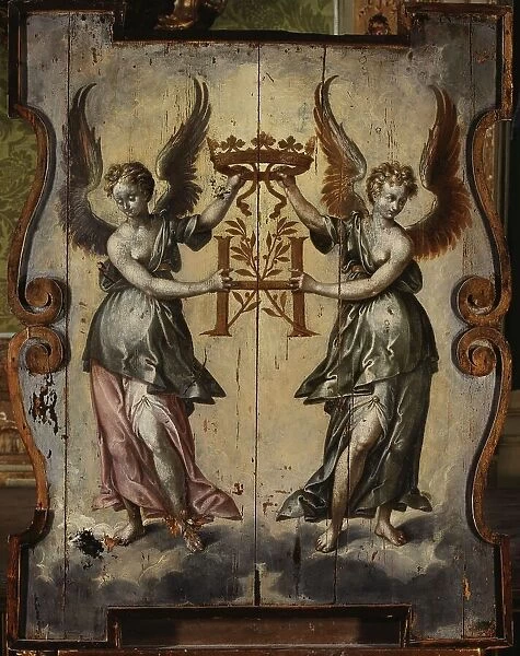 Two winged figures supporting an 'H' topped with a ducal crown, between 1589 and 1600. Creator: Unknown. Two winged figures supporting an 'H' topped with a ducal crown, between 1589 and 1600. Creator: Unknown