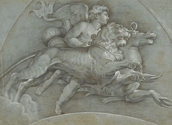 A Winged Putto Riding a Sea Horse and a Lion (after Raphael); verso... 1574