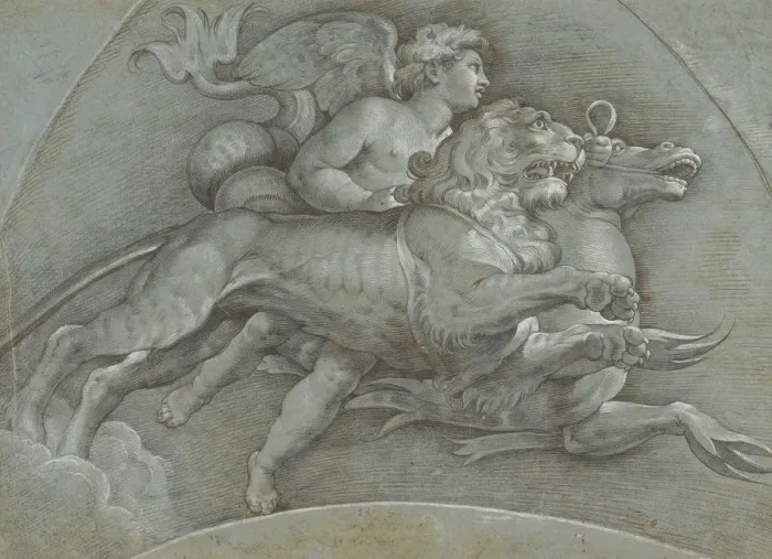 Framed Print : A Winged Putto Riding a Sea Horse and a Lion (after Raphael); verso... 1574