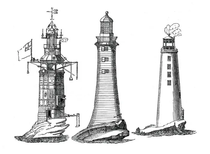 Framed Print : Winstanley, Smeaton and Rudyerd lighthouses, (1833) Framed Print : Winstanley, Smeaton and Rudyerd lighthouses, (1833)