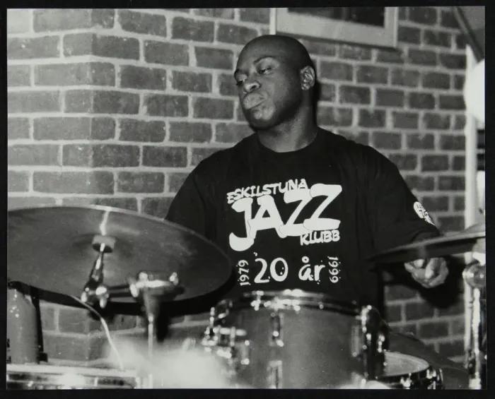 Framed Print : Winston Clifford on drums at The Fairway, Welwyn Garden City, Hertfordshire, 18 February 2001 Framed Print : Winston Clifford on drums at The Fairway, Welwyn Garden City, Hertfordshire, 18 February 2001