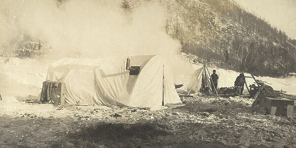 Winter camp of the survey party on the river bank. 1909. Creator: Vladimir Ivanovich Fedorov