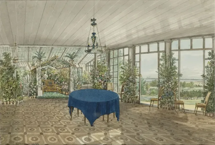 Framed Print : Winter Garden in the Pavlino Estate of Vielgorsky, 1834. Artist: Kolmann, Karl Ivanovich (1786-1846) Framed Print : Winter Garden in the Pavlino Estate of Vielgorsky, 1834. Artist: Kolmann, Karl Ivanovich (1786-1846)