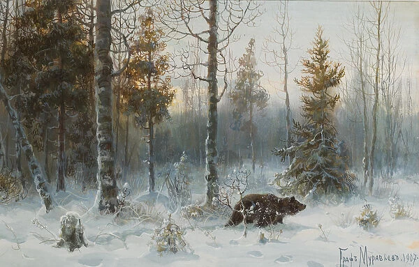 Winter Landscape with bear, 1907. Artist: Muravyov, Count Vladimir Leonidovich (1861-1940)
