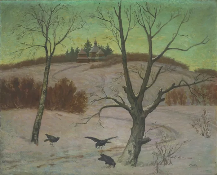 Framed Print : Winter landscape with a church, 1922. Creator: Andrej Kovacik Framed Print : Winter landscape with a church, 1922. Creator: Andrej Kovacik