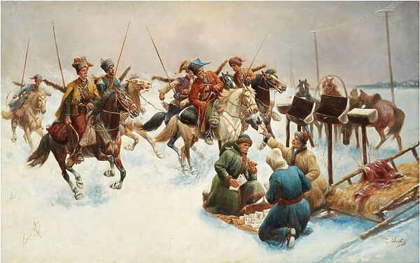 Winter landscape with Cossacks. Artist: Baumgartner-Stoiloff, Adolf (1850-1924)