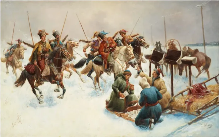Framed Print : Winter landscape with Cossacks. Artist: Baumgartner-Stoiloff, Adolf (1850-1924) Framed Print : Winter landscape with Cossacks. Artist: Baumgartner-Stoiloff, Adolf (1850-1924)