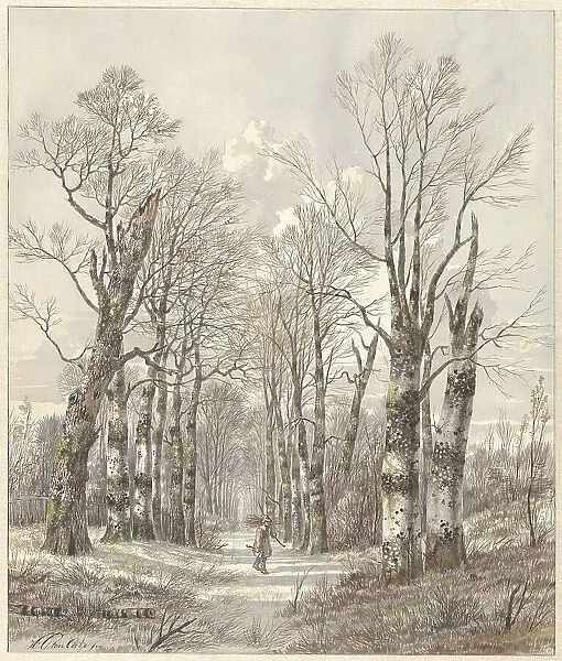 Winter landscape with firewood gatherer on forest path, 1813-1856. Creator: Hendrik Gerrit ten Cate