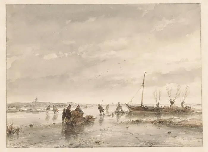 Framed Print : Winter landscape with frozen lake, 1797-1870. Creator: Andreas Schelfhout Framed Print : Winter landscape with frozen lake, 1797-1870. Creator: Andreas Schelfhout