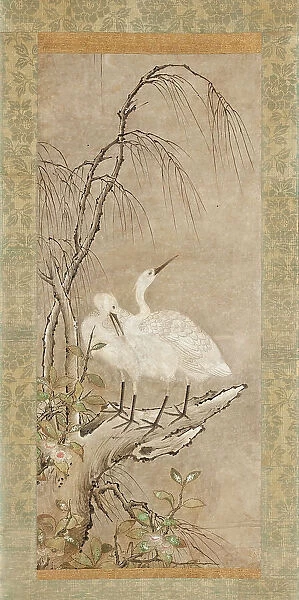 Winter Landscape of Two Herons, Willow, and Tea Plants Blossoms, c1550. Creator: Anon