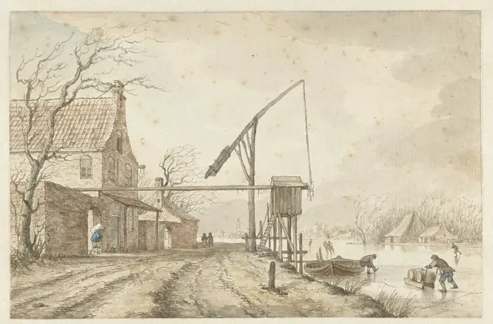 Framed Print : Winter landscape with houses and lifting gear along frozen canal, 1771. Creator: Jacob Cats Framed Print : Winter landscape with houses and lifting gear along frozen canal, 1771. Creator: Jacob Cats