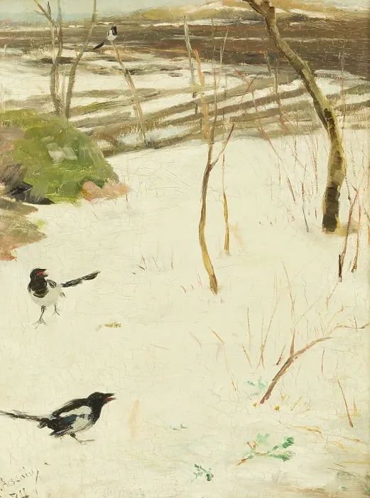 Framed Print : Winter Landscape with Magpies, 1884. Creator: Karl Georg Arsenius Framed Print : Winter Landscape with Magpies, 1884. Creator: Karl Georg Arsenius