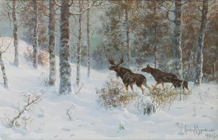 Framed Print : Winter Landscape with Mooses, 1907. Artist: Muravyov, Count Vladimir Leonidovich (1861-1940) Framed Print : Winter Landscape with Mooses, 1907. Artist: Muravyov, Count Vladimir Leonidovich (1861-1940)