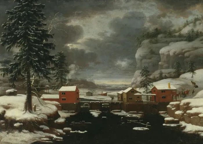Framed Print : Winter landscape with pale red dam buildings, 1677. Creator: T Filoque Framed Print : Winter landscape with pale red dam buildings, 1677. Creator: T Filoque