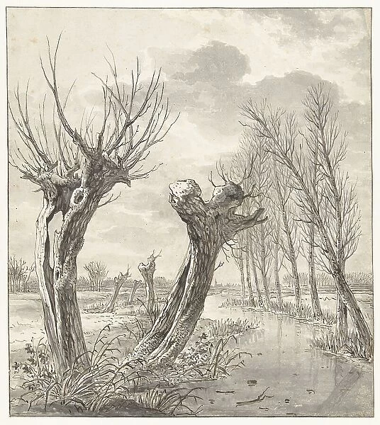 Winter landscape with pollard willows along a frozen ditch, 1766-1815. Creator: Jacob van Strij