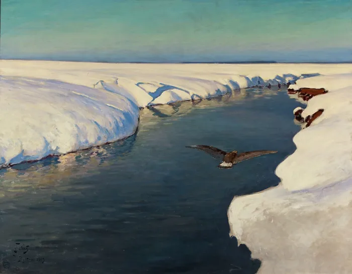 Framed Print : Winter landscape with river and bird, 1913. Creator: Falat, Julian (1853-1929) Framed Print : Winter landscape with river and bird, 1913. Creator: Falat, Julian (1853-1929)