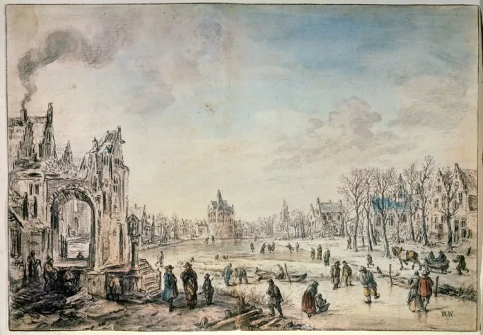 Framed Print : Winter Landscape with Skaters, Dutch painting of 17th century. Artist: Aert van der Neer Framed Print : Winter Landscape with Skaters, Dutch painting of 17th century. Artist: Aert van der Neer