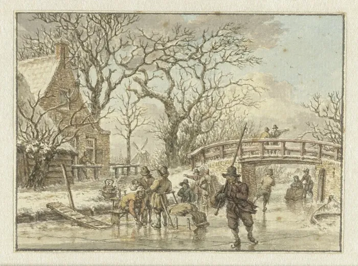Framed Print : Winter landscape with skaters on a river, 1781. Creator: Jacob Cats Framed Print : Winter landscape with skaters on a river, 1781. Creator: Jacob Cats