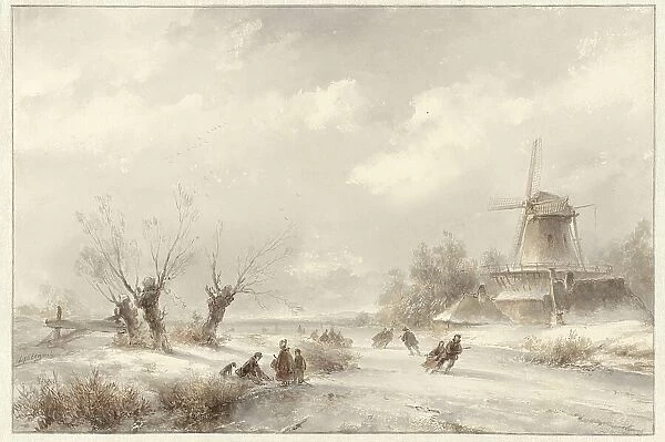 Winter landscape with skaters by a windmill, 1827-1897. Creator: Lodewijk Johannes Kleijn