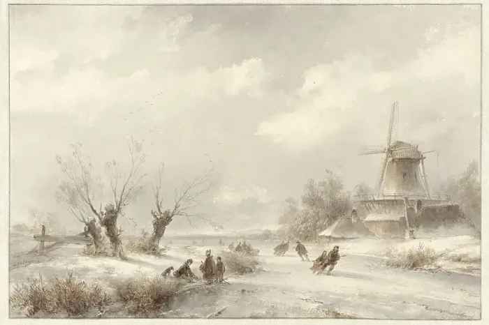 Framed Print : Winter landscape with skaters by a windmill, 1827-1897. Creator: Lodewijk Johannes Kleijn Framed Print : Winter landscape with skaters by a windmill, 1827-1897. Creator: Lodewijk Johannes Kleijn