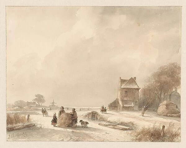 Winter landscape with sleigh and iceskaters, 1797-1870. Creator: Andreas Schelfhout