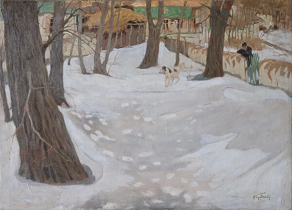 Winter Landscape with Small House and Dog