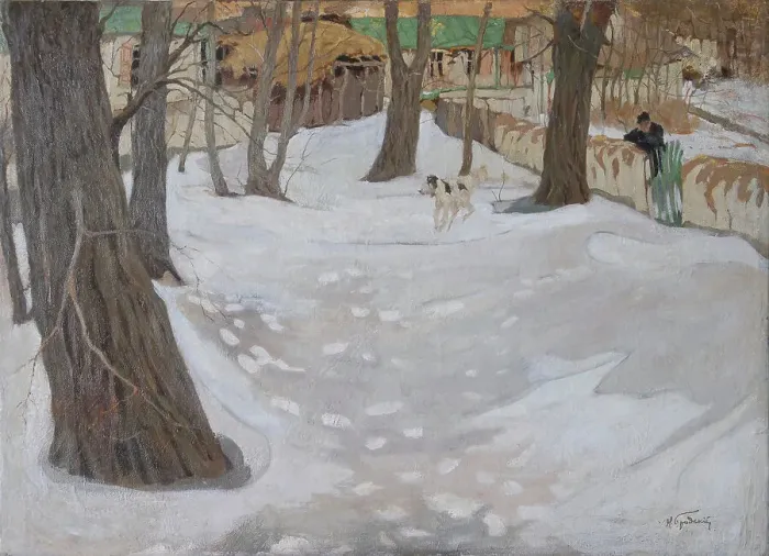 Framed Print : Winter Landscape with Small House and Dog Framed Print : Winter Landscape with Small House and Dog